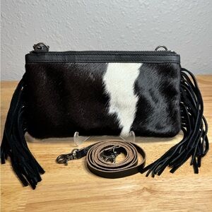 Montana West Black and White Hair on Cowhide Fringe Leather Clutch Wallet NEW